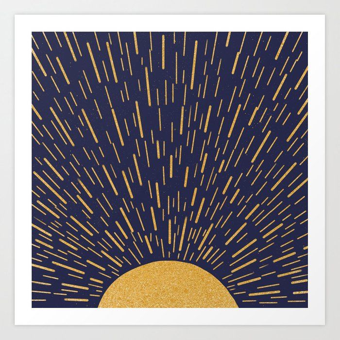 a blue background with a gold sun sending lots of little gold sun beams